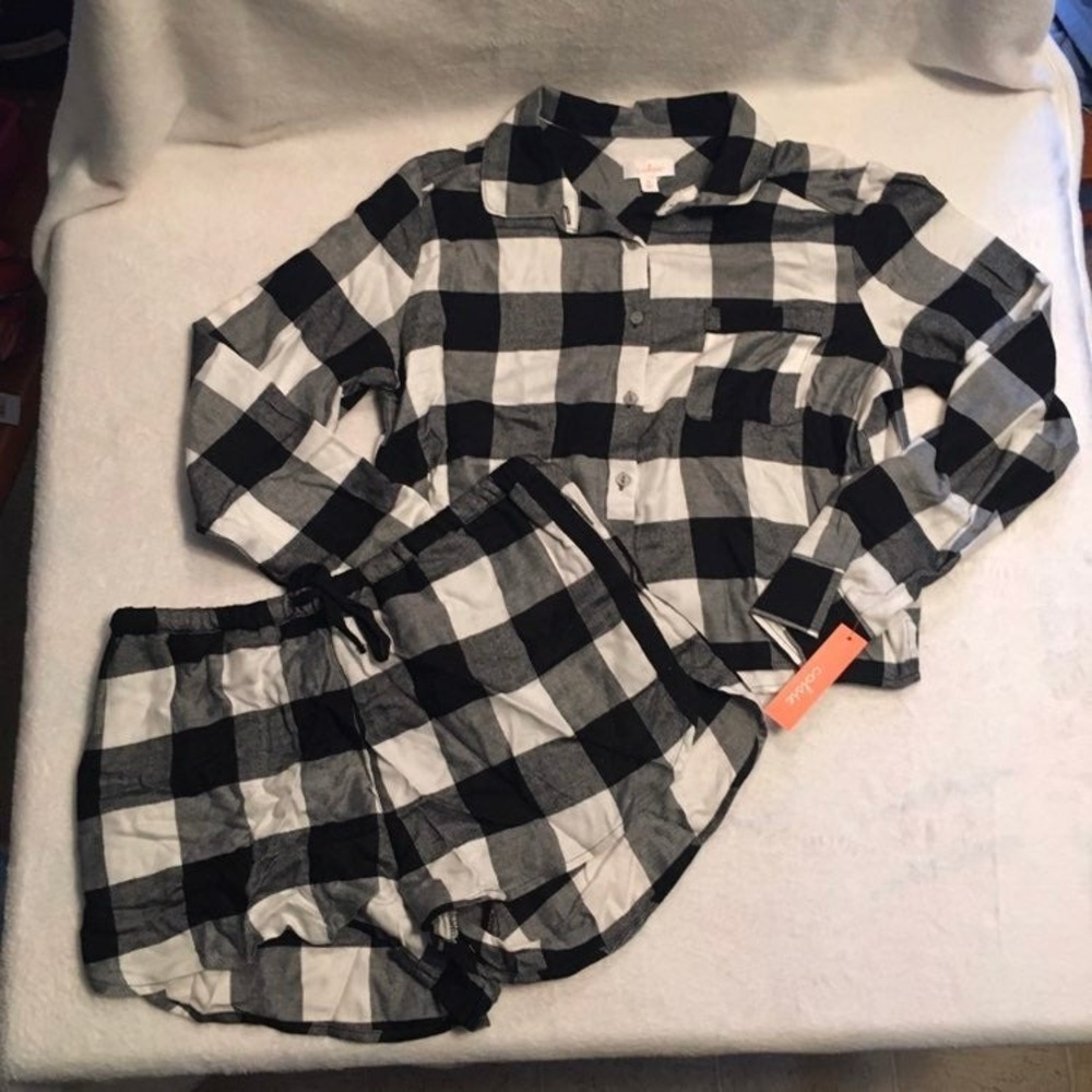 Colsie Pajama Set Womens Medium Black White NWT Plaid Flannel Shirt Shorts